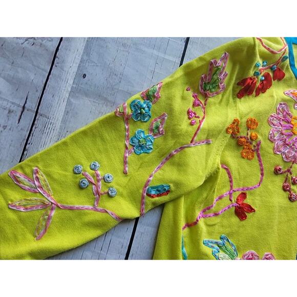 Michael Simon Cotton Embroidered Ribbon Neon Green Open front Cardigan M READ - Picture 3 of 13